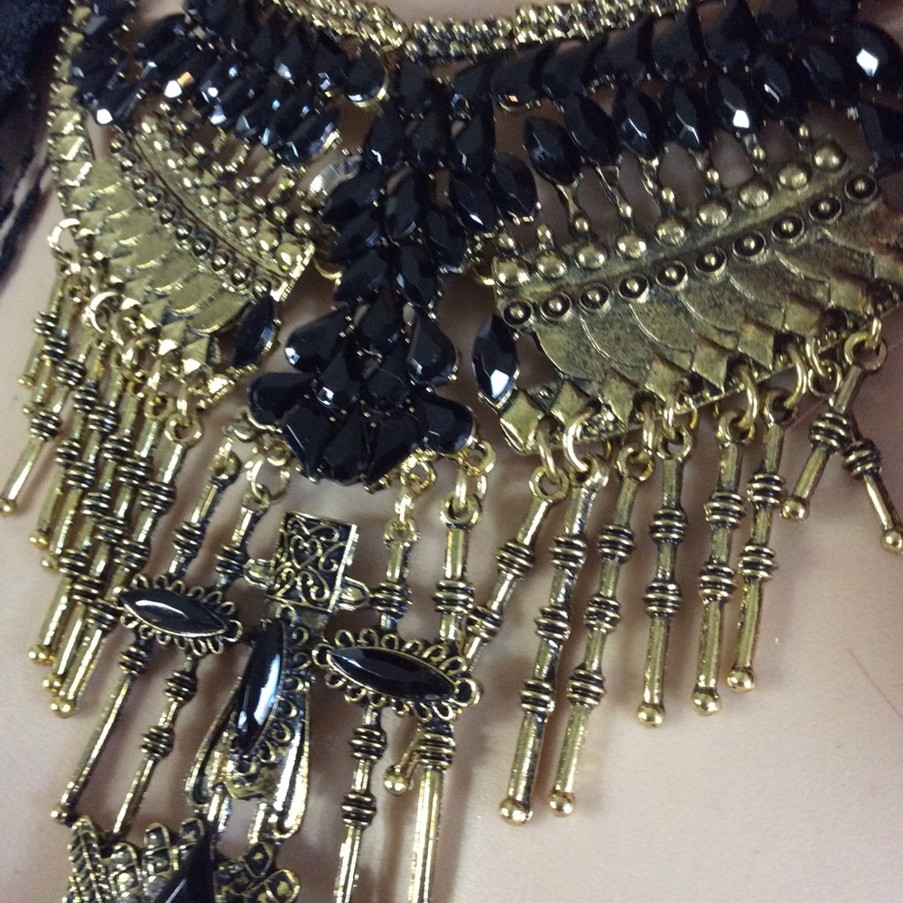 🍒GOLD BLACK ONYX BIB LARGE CHUNKY NECKLACE BOHO - Picture 3 of 6